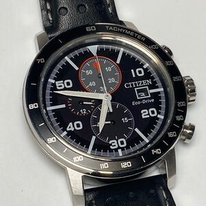 Citizen Eco Drive, B612-S111684, black dial, leather strap, stainless